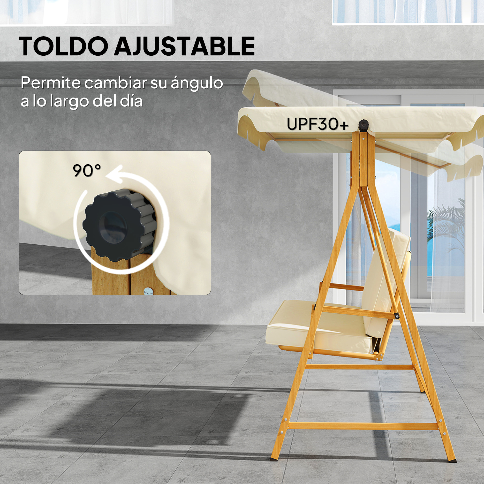 Balancín de Jardín Exterior con Toldo Ajustable de 3 Plazas Columpio de Jardín Exterior con Cojines y Estructura con Veta de Madera Carga 330 kg 195x120x170 cm Beige