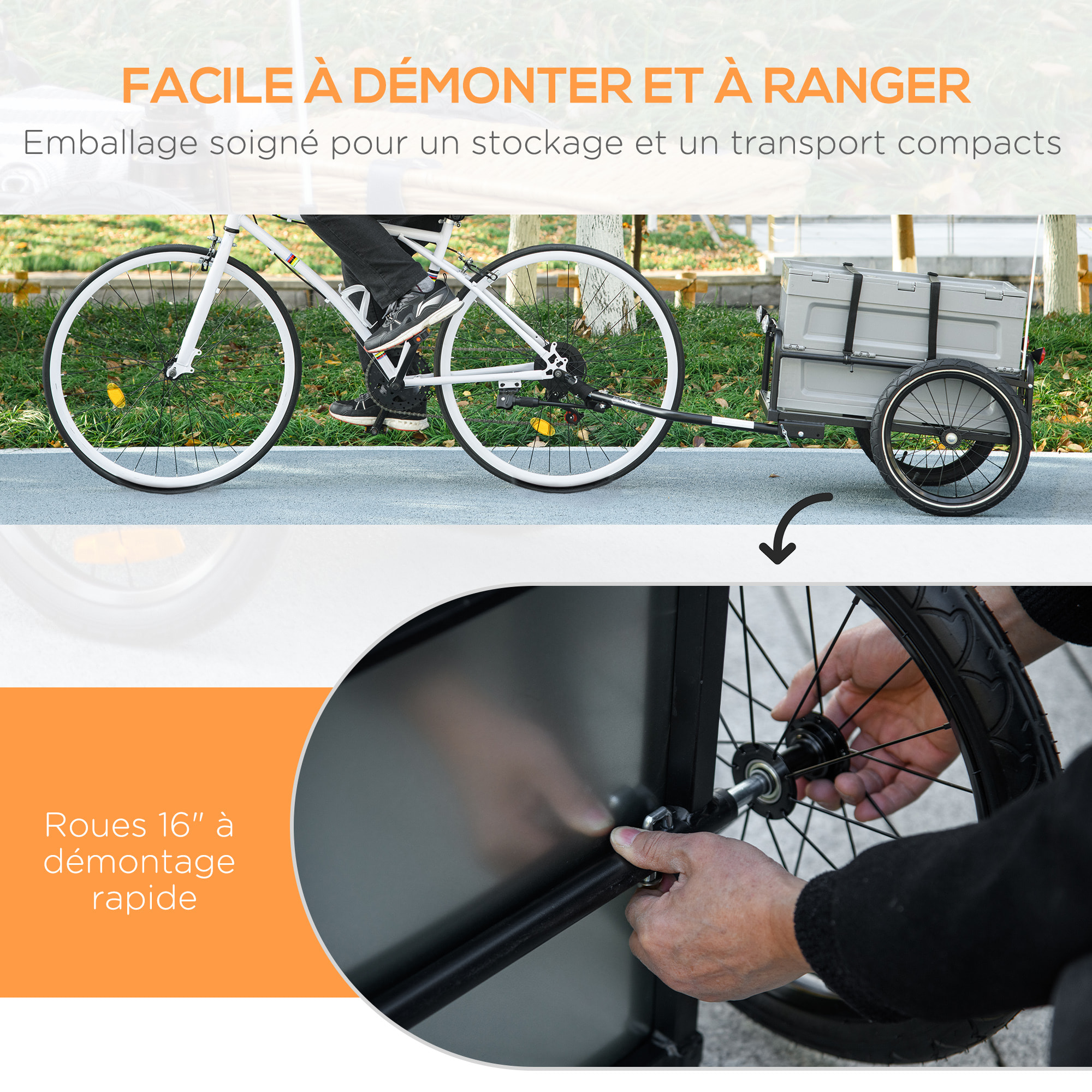 Remorque à vélo pliable avec coffre de rangement charge max. 40 Kg gris