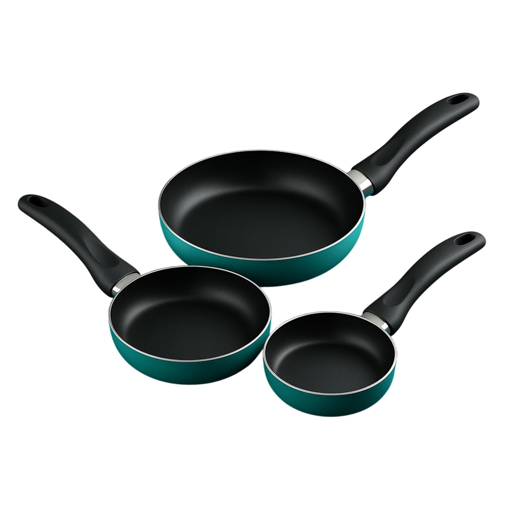 set de batería de cocina de 5pc en acero inoxidable + 3 sartenes ø16ø20ø24cm azul metalizado en aluminio prensado
