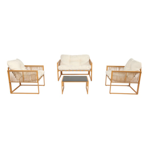 FORLI Salon de jardin 4 places effet rotin coussins blancs