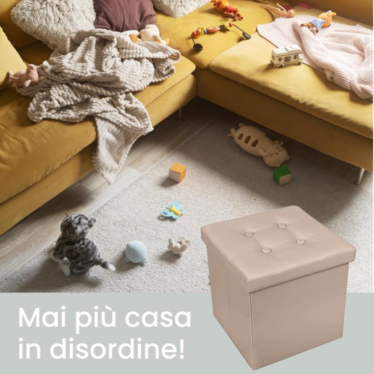 Pouf Contenitore, Puffo per Sedersi, Pouf Poggiapiedi, in Ecopelle, Quadrato, Imbottito, Versatile, Facile da Pulire
