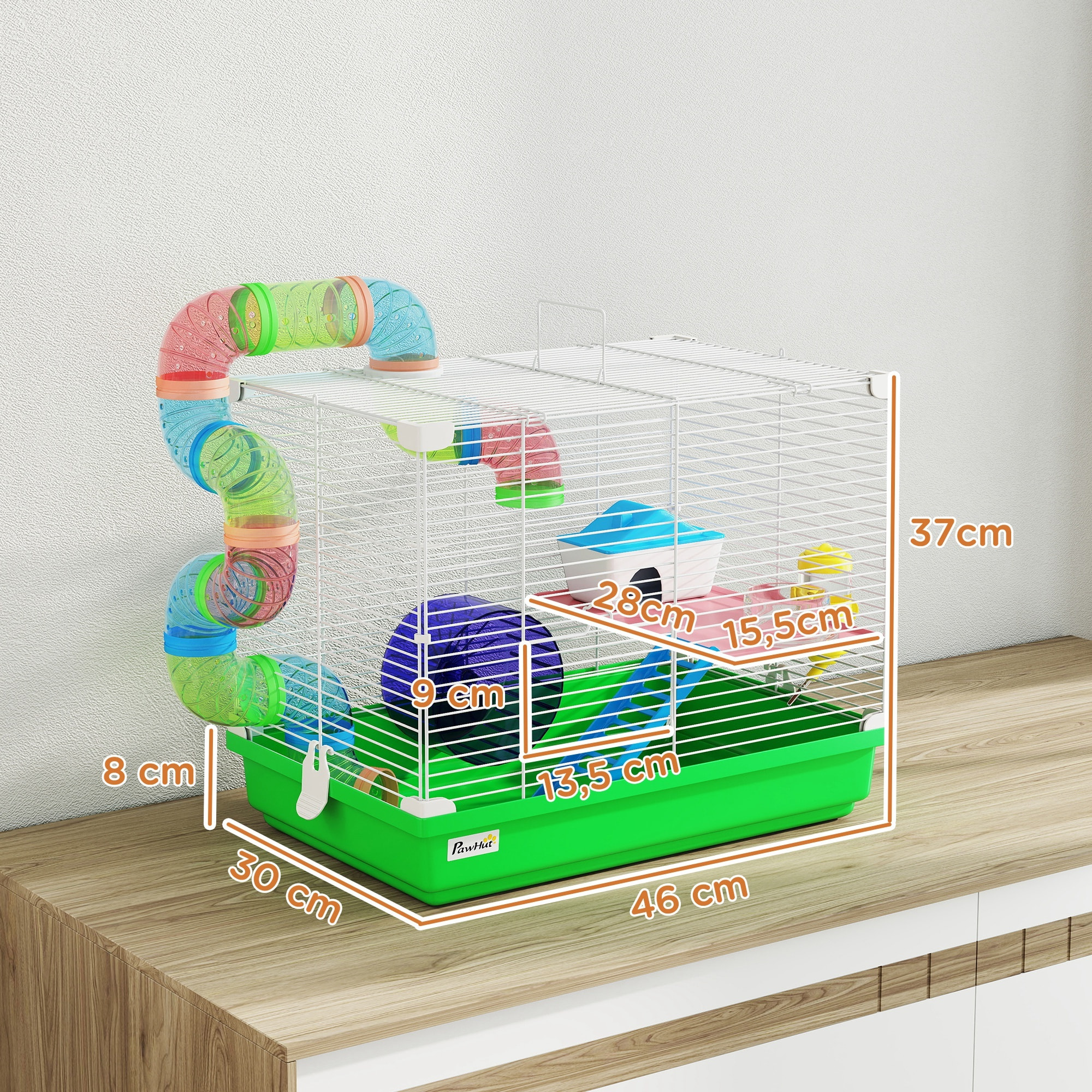 Cage à hamster 2 niveaux avec poignée - avec tunnel, biberon eau, roue, maisonnette, échelles - vert