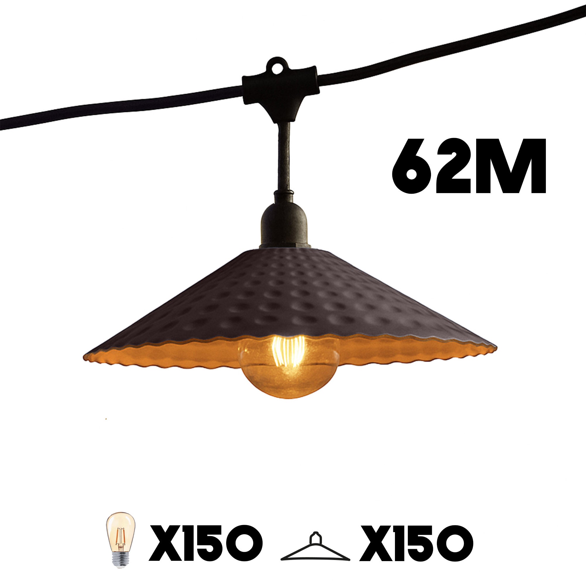 Guirlande lumineuse extérieure raccordable 62m avec 150 ampoules LED filament E27 blanc chaud VINTY LIGHT et abat-jour en métal style vintage
