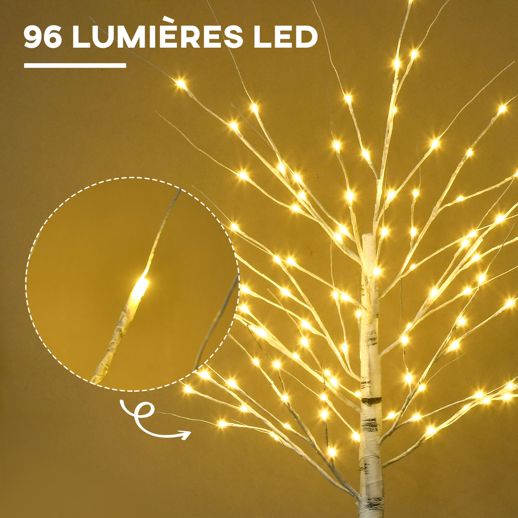 Arbre lumineux LED bouleau - décoration lumineuse - 96 LEDS blanc chaud - norme IP 44 - usage intérieur/extérieur - 1,8H m - métal PP blanc