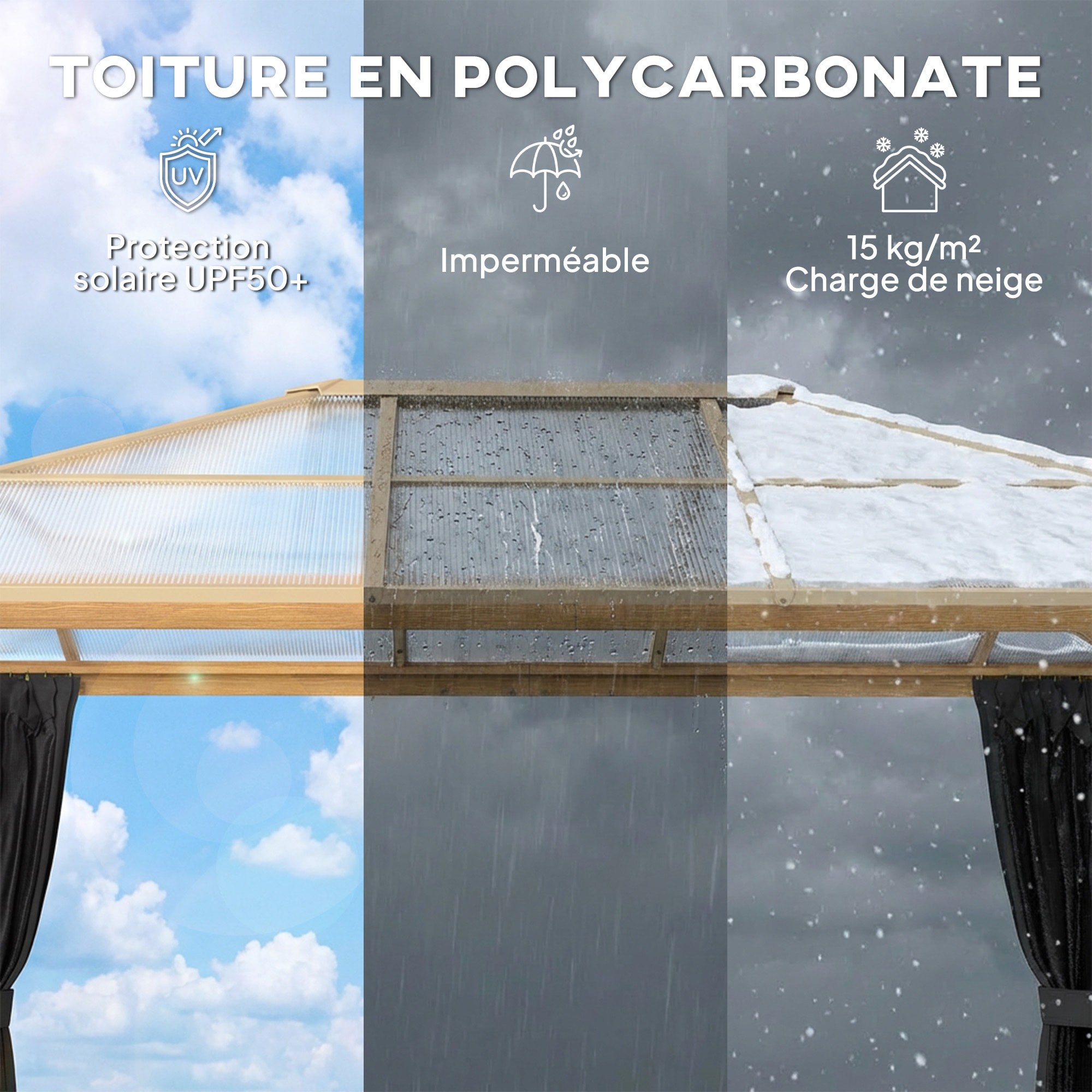 Pergola pavillon de jardin alu effet bois toit polycarbonate 3 x 4 m rideaux moustiquaires inclus