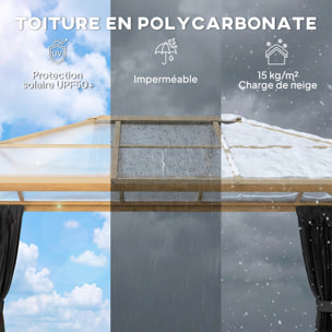 Pergola pavillon de jardin alu effet bois toit polycarbonate 3 x 4 m rideaux moustiquaires inclus