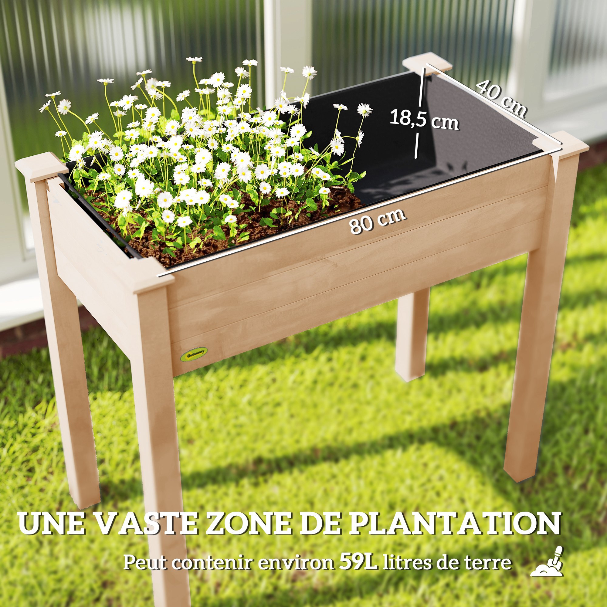 Jardinière sur pieds bois dim. 86 x 46 x 76 cm inserts d'irrigation feutre de drainage inclus