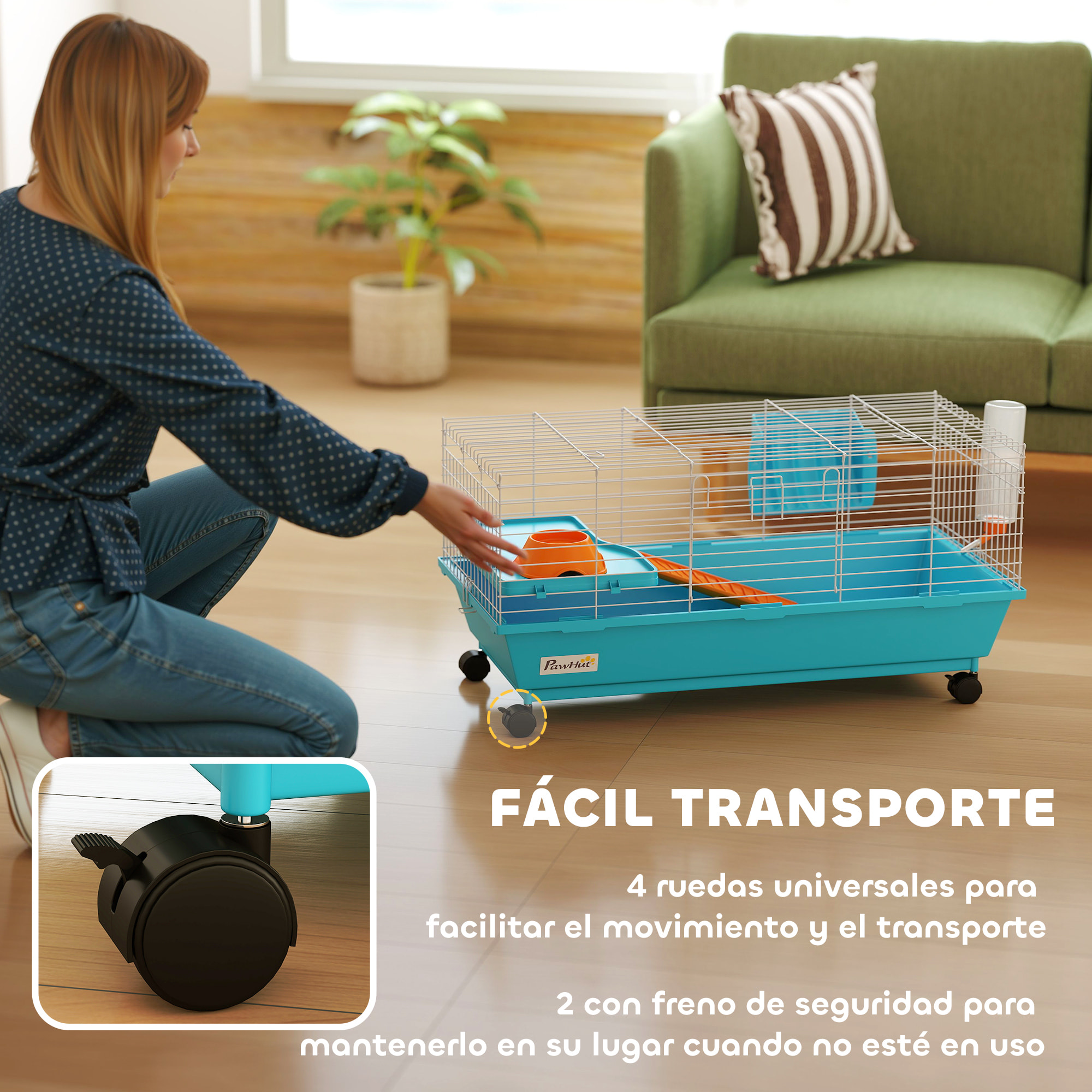 Jaula para Animales Pequeños, Jaula para Roedores con Ruedas, Botella de Agua, Comedero, Dispensador de Heno, Plataforma, Rampa, Bandeja Extraíble, para Conejos y Cobayas, 89x44x43 cm, Azul