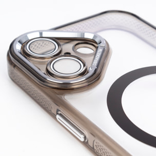 Custodia trasparente con copertura per la fotocamera e bordi neri. Magsafe per iPhone 17.