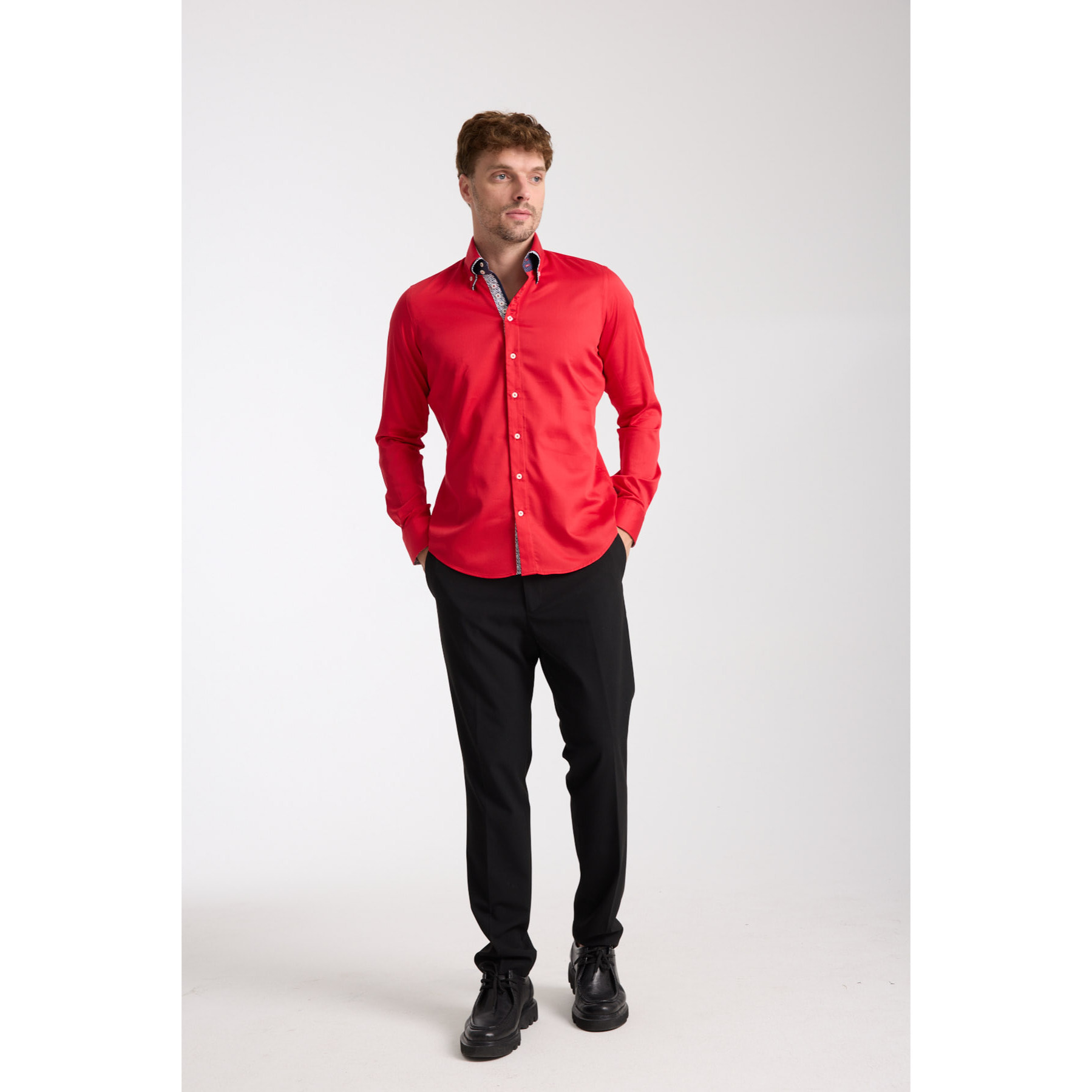 Camicia Uomo 2 Bottoni Button Down 7bottoni Doppio Coll Satin Unito Rosso