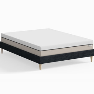 Ensemble lit adulte 140x190 cm en velours bleu nuit + Matelas Hybride à ressorts ensachés et mémoire de forme - Spring Elite