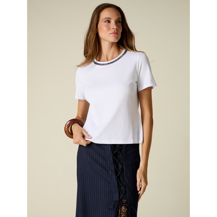 Oltre - T-shirt in cotone con ricamo gioiello - Bianco