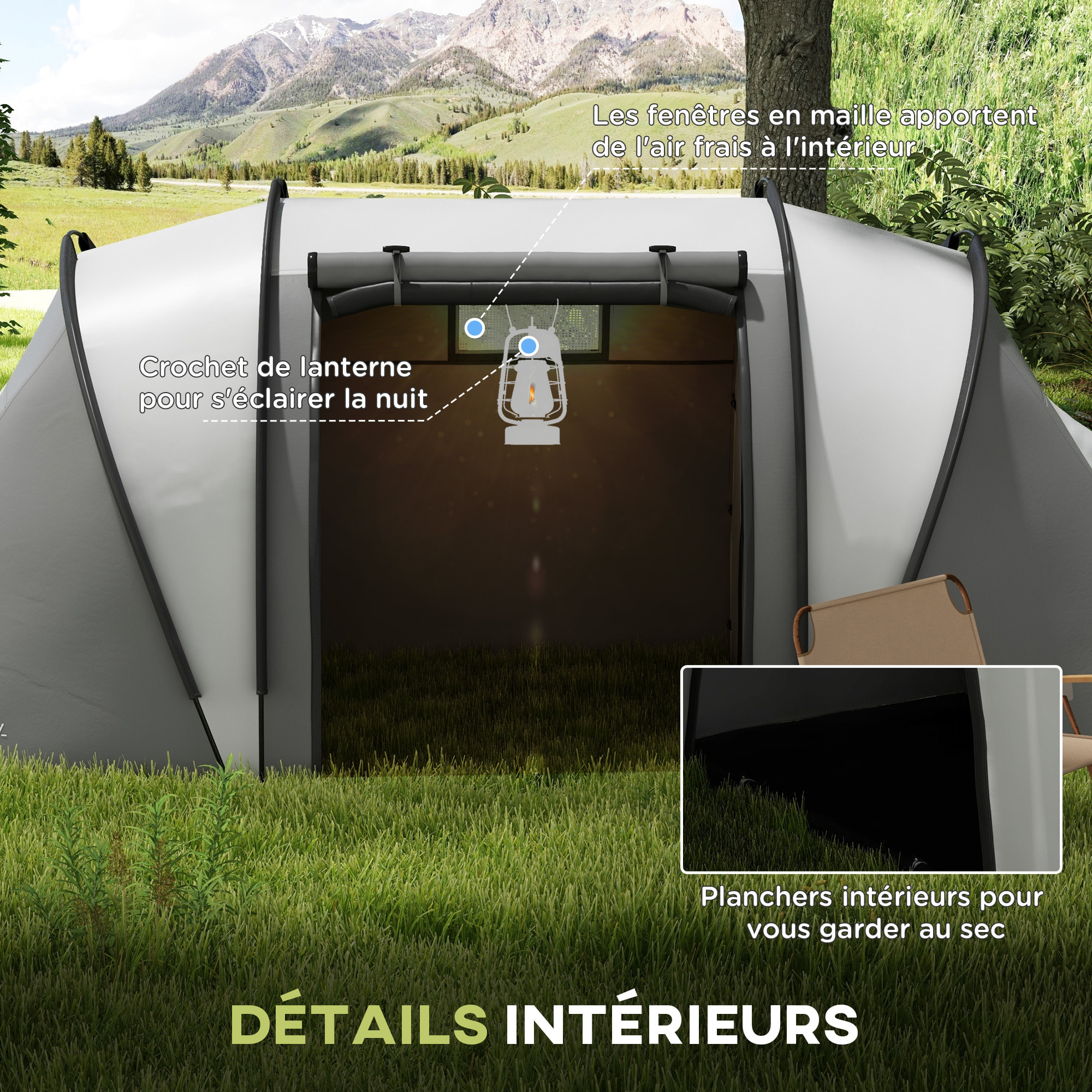 Tente de camping familiale 4-5 pers. 2 chambres 3 fenêtres sac gris
