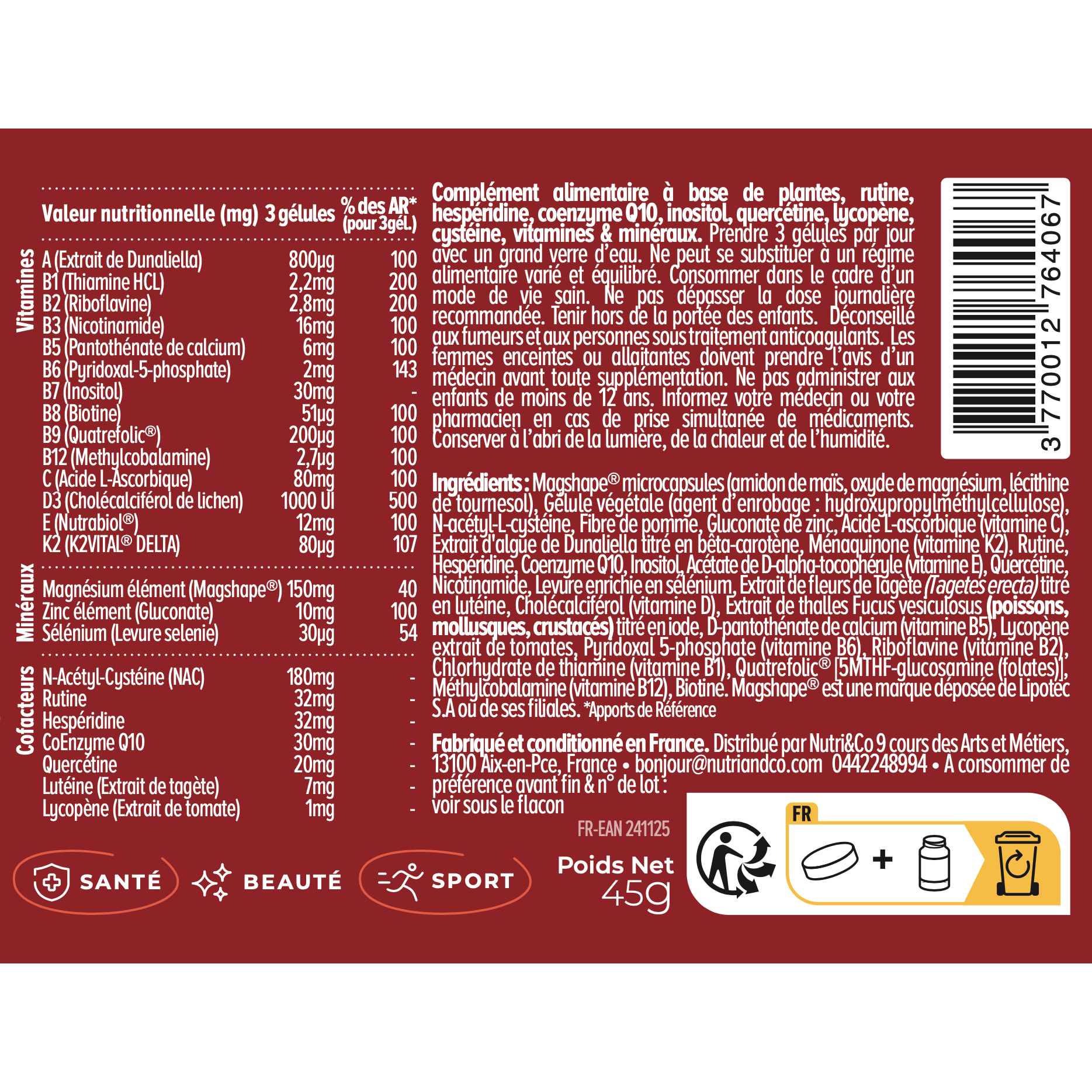 Nutri&Co Multivitamines et Minéraux 25 Nutriments pour l'Immunité - 90 gélules