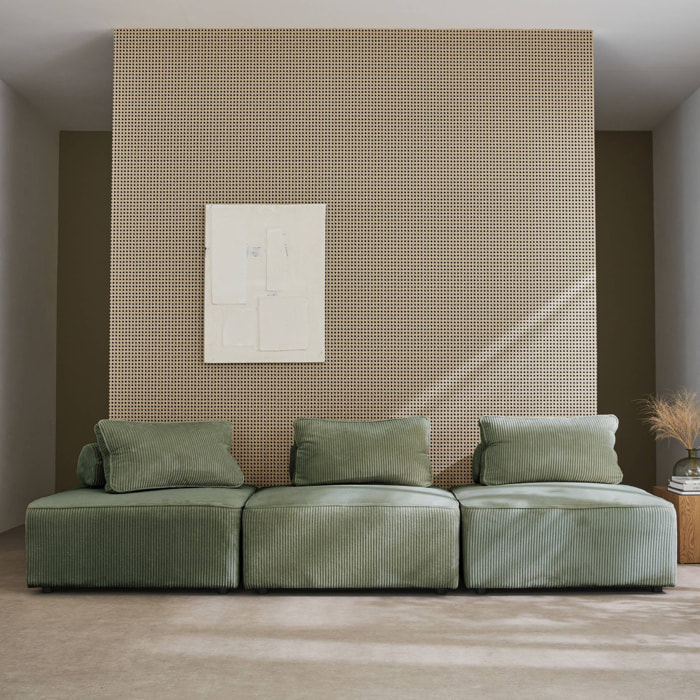 Lot de 3 chauffeuses pour canapé  modulables velours côtelé vert avec un coussin