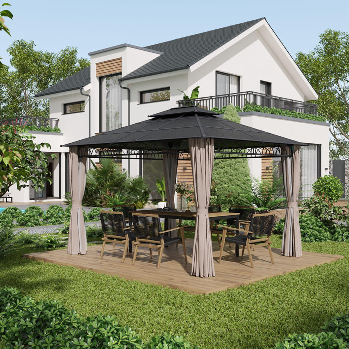 Pavillon de jardin tonnelle rigide dim. 3,6L x 3l x 2,78H m rideaux latéraux anti-UV structure gris toit polycarbonate noir