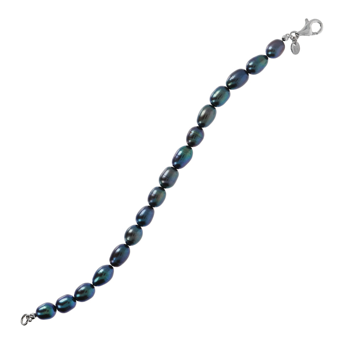 PERLAVIVA - Bracciale in Argento 925 placcato Oro Bianco 18Kt con Perle d'Acqua Dolce Blu Ø 7/7.5 mm