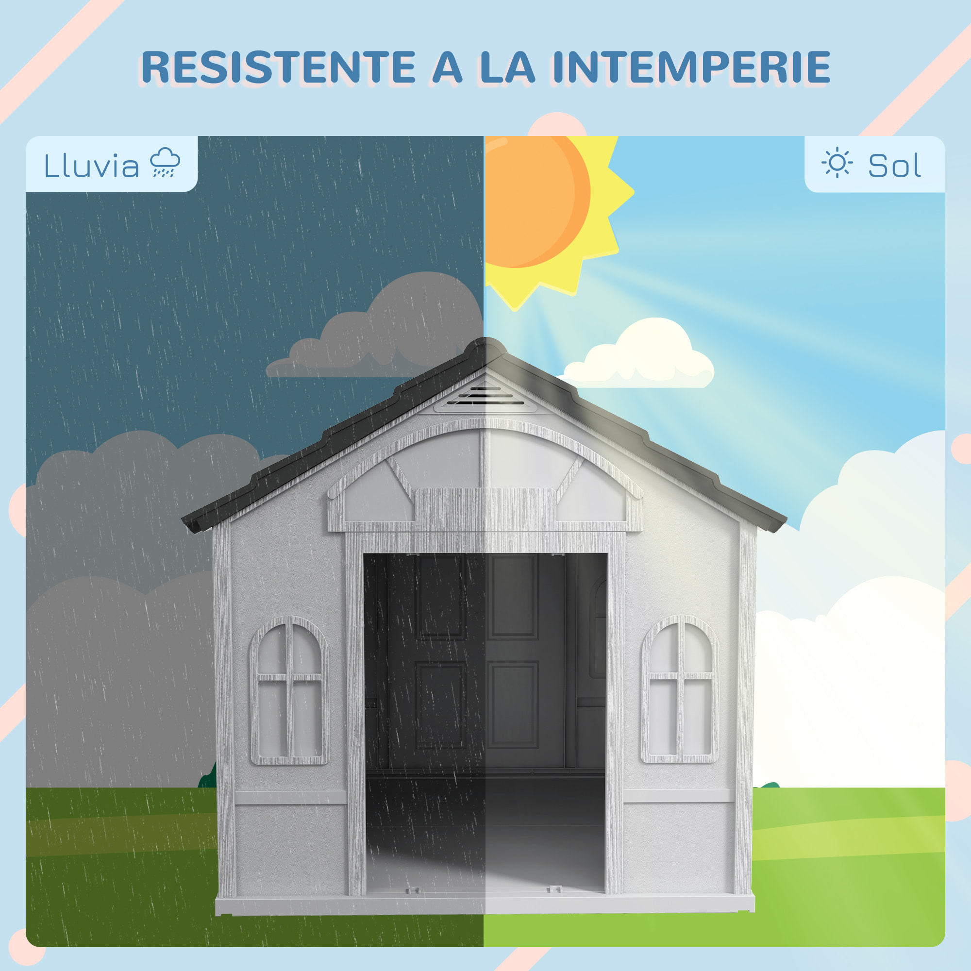 Caseta para Perros Exterior 84,2x98,2x82 cm Casa para Perros con Patrón de Ventana y Techo de Tejas de Imitación para Perros Grandes Gris y Blanco