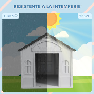 Caseta para Perros Exterior 84,2x98,2x82 cm Casa para Perros con Patrón de Ventana y Techo de Tejas de Imitación para Perros Grandes Gris y Blanco