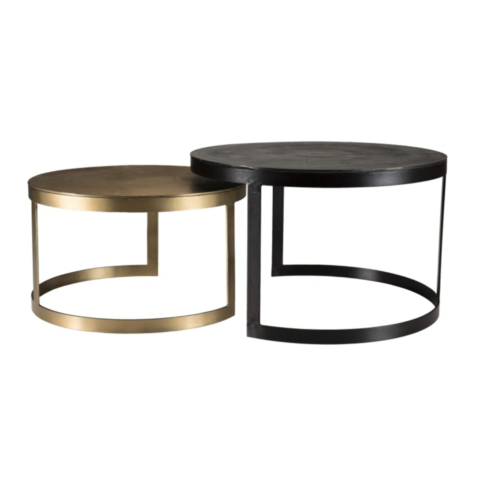 JOHAN - Set de 2 tables gigognes ceinturées rondes aluminium noir doré - pieds métal demi-cercle