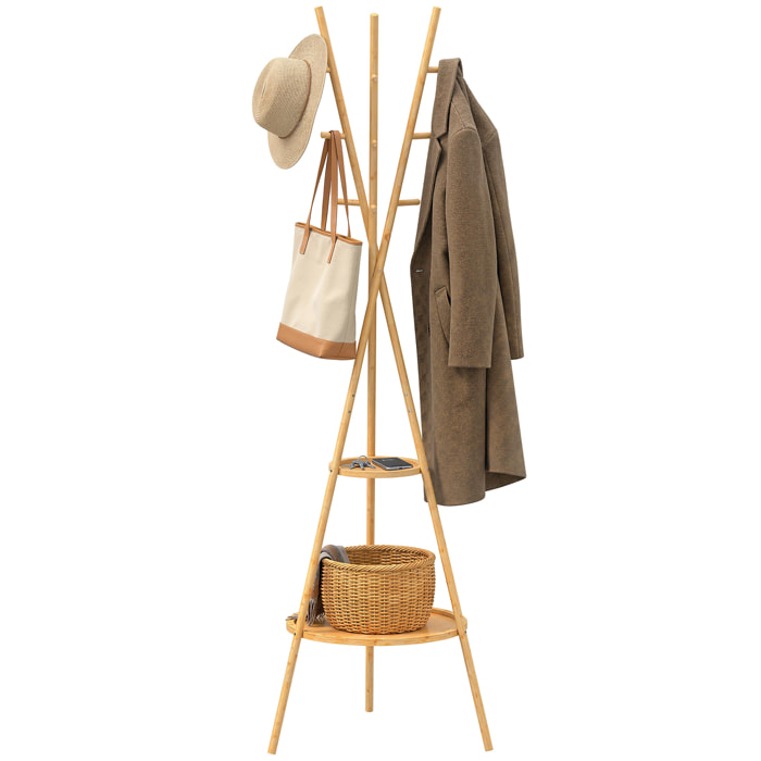 Perchero de Pie de Bambú, Perchero para Ropa con 2 Estantes y 9 Ganchos, Diseño Elegante, para Colgar Bolsas, Sombreros, en Pasillo, Entrada, Dormitorio, 58,5x58,5x176 cm, Natural