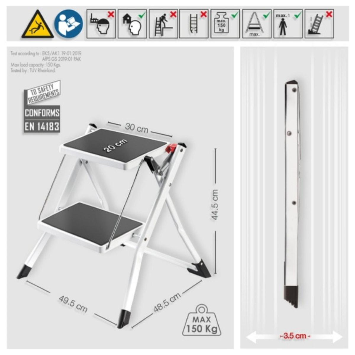 Marche Pied 2 marches pliant & anti-dérapant léger en Acier - Max 150kg MSV