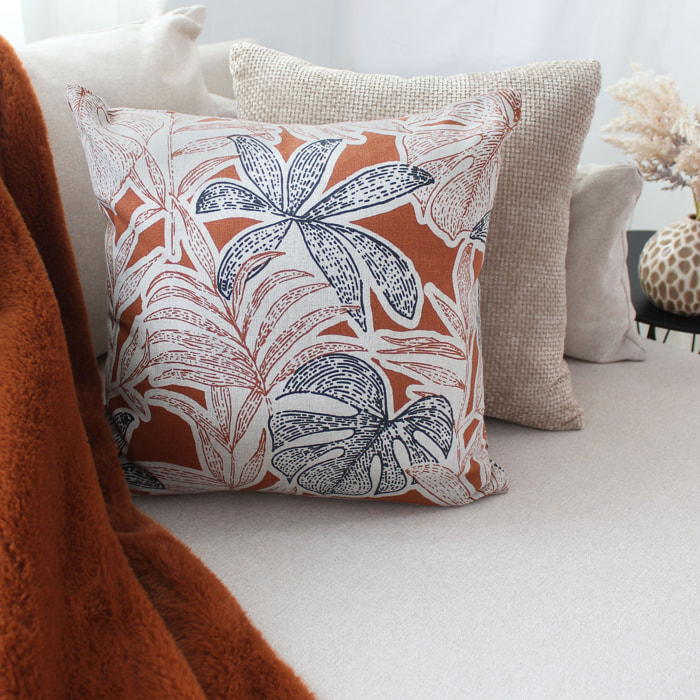 Coussin décoratif déhoussable motif feuillage tropical - Blanc