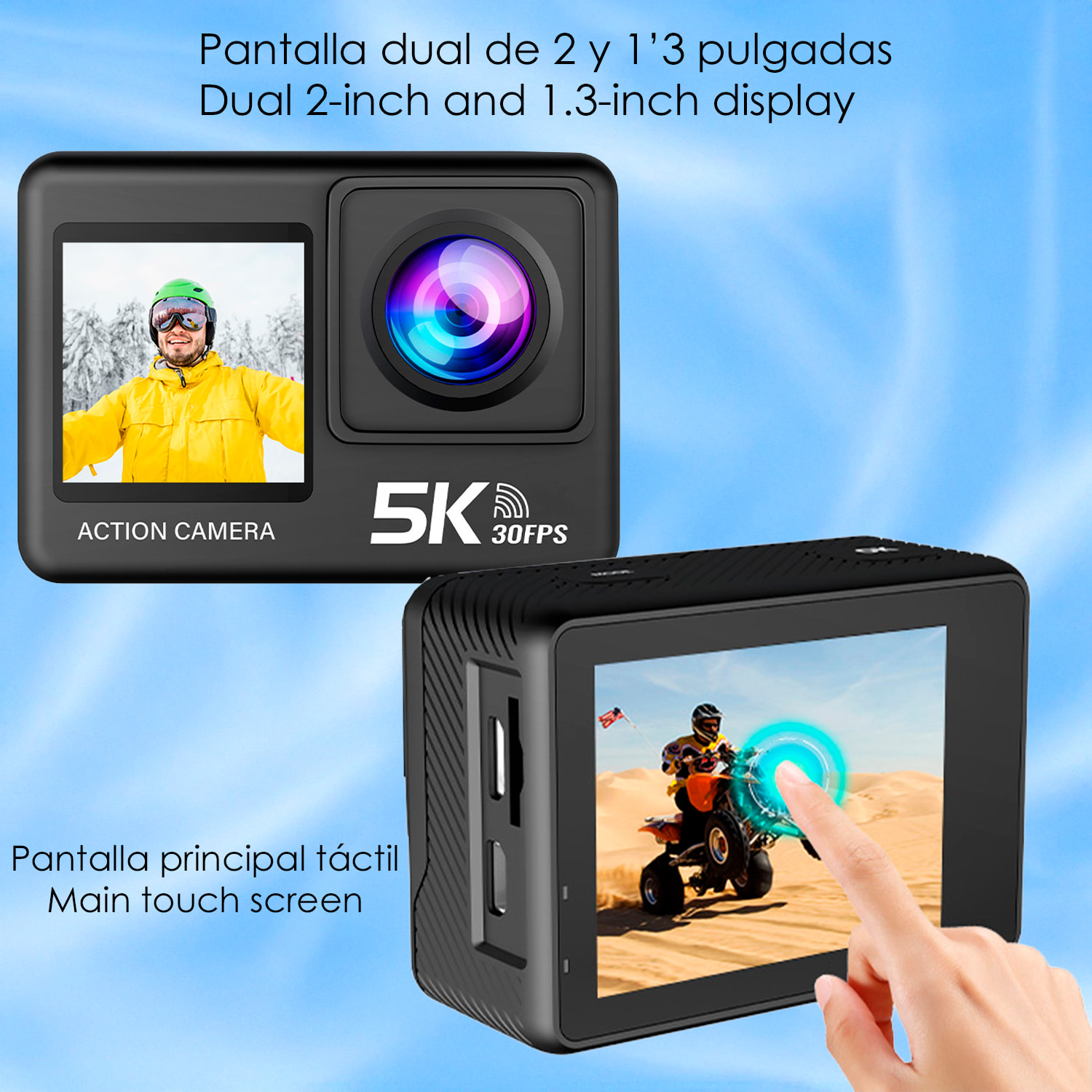 Camera Sportiva M60 TR 5k 30fps con 47,75 mpx, doppio schermo da 2" e 1.3" con una moltitudine di accessori sportivi e WIFI.