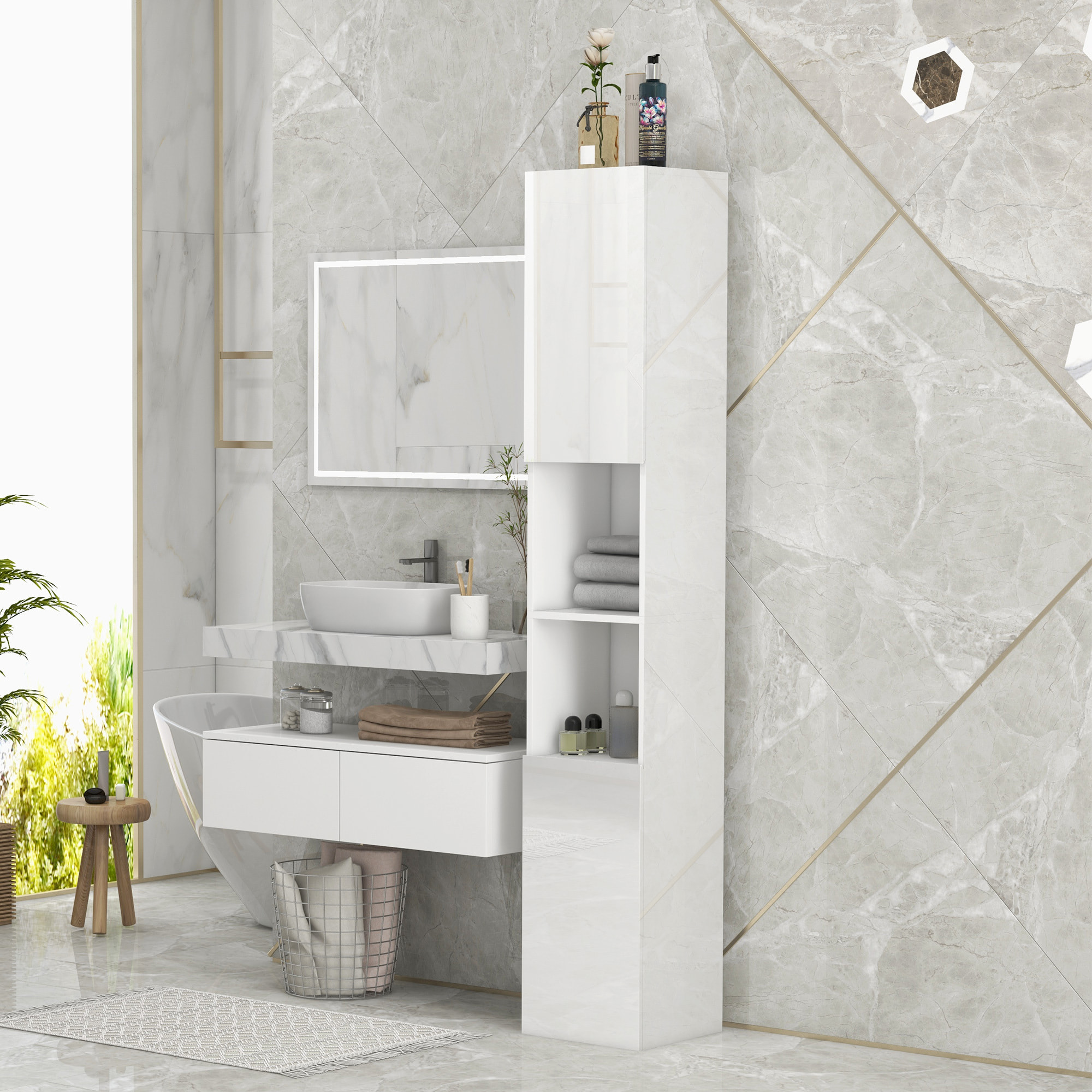 kleankin Armario de Baño Alto, Mueble de Baño Estrecho con Puertas y Estantes Ajustables, 30x30x81,5 cm, Blanco Brillo