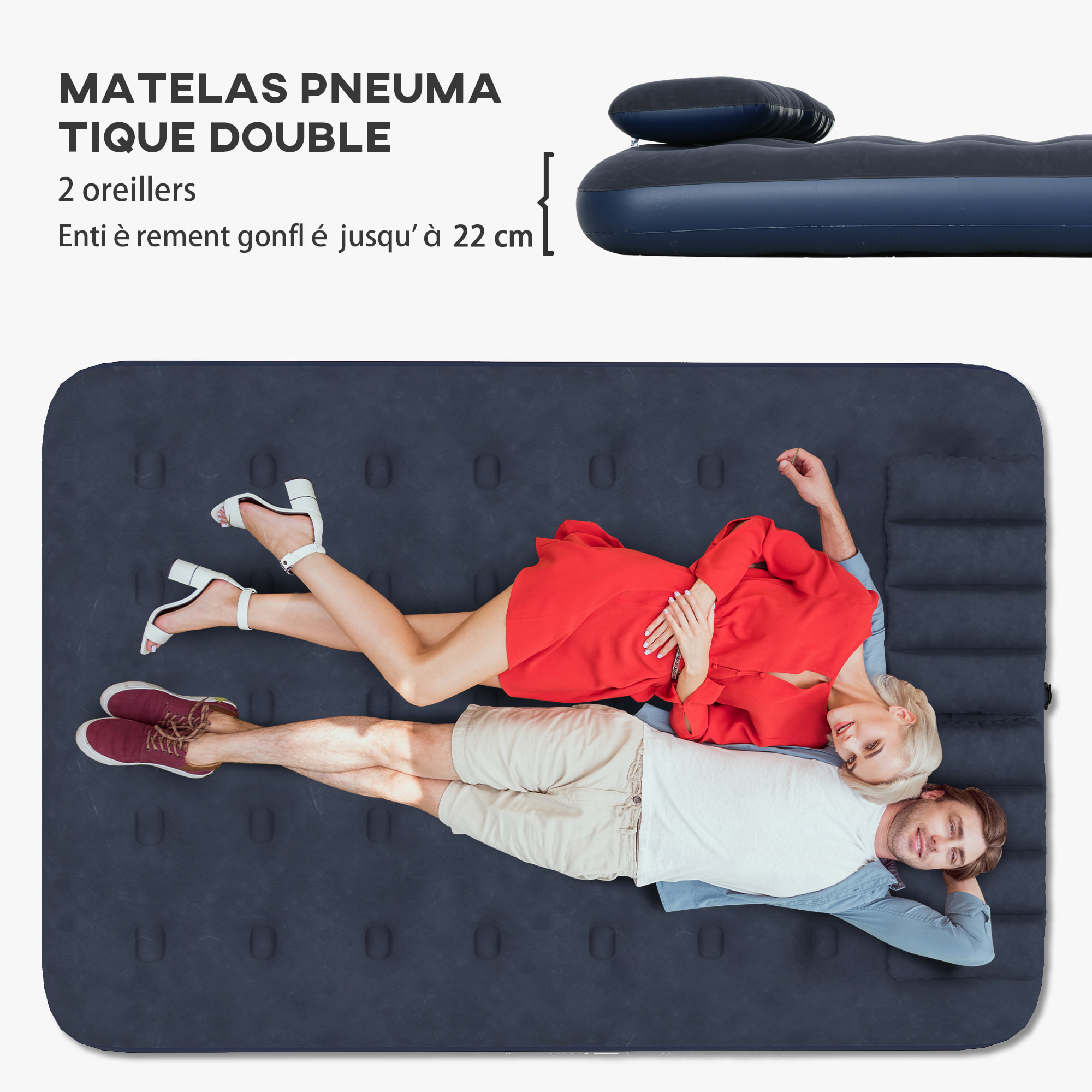 Matelas gonflable double lit pneumatique 2 places avec gonfleur manuel surface floquée bleu
