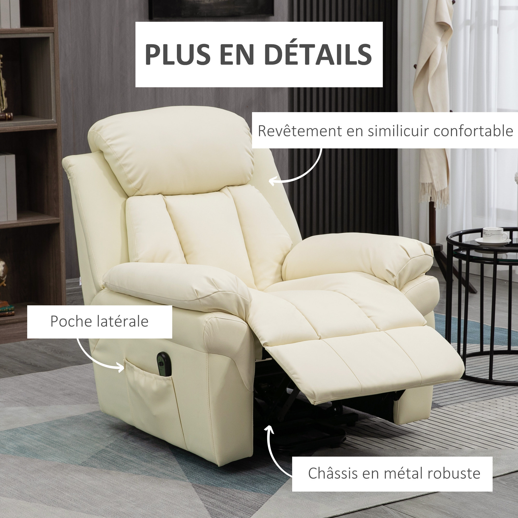 Fauteuil releveur inclinable avec repose-pied ajustable - fauteuil de relaxation électrique - revêtement synthétique crème