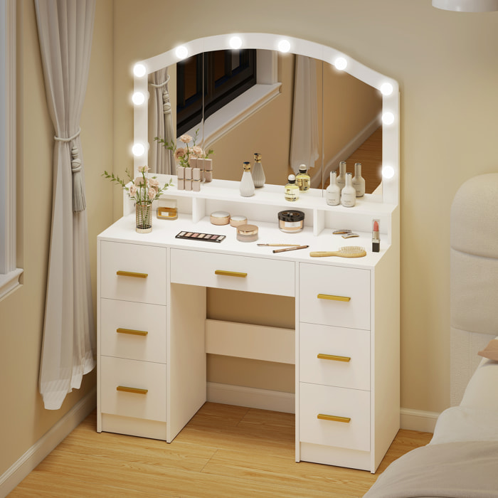 Tocador con 10 Luces LED de 3 Colores, Tocador de Maquillaje con Espejo, Mesa de Maquillaje con 7 Cajones, 3 Compartimentos, Moderno, para Dormitorio, Salón, Blanco