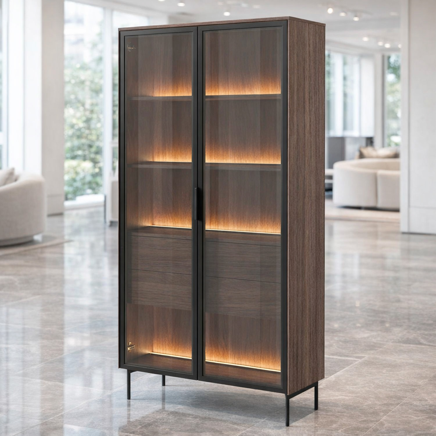 Vetrina Con 2 Ante In Vetro 3 Ripiani e 2 Cassetti Interni Design Moderno con Led Integrato 88.2 x 38 x 193.8 cm Rovere Scuro