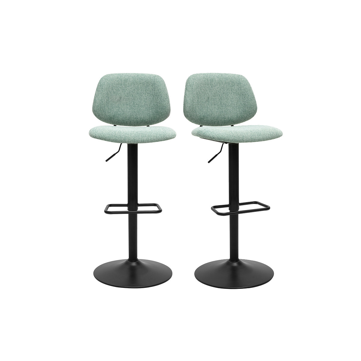 Tabourets de bar relevables design en tissu effet velours texturé vert céladon et métal noir BARNET (lot de 2)
