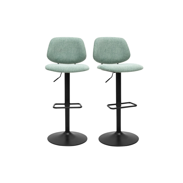 Tabourets de bar relevables design en tissu effet velours texturé vert céladon et métal noir BARNET (lot de 2)