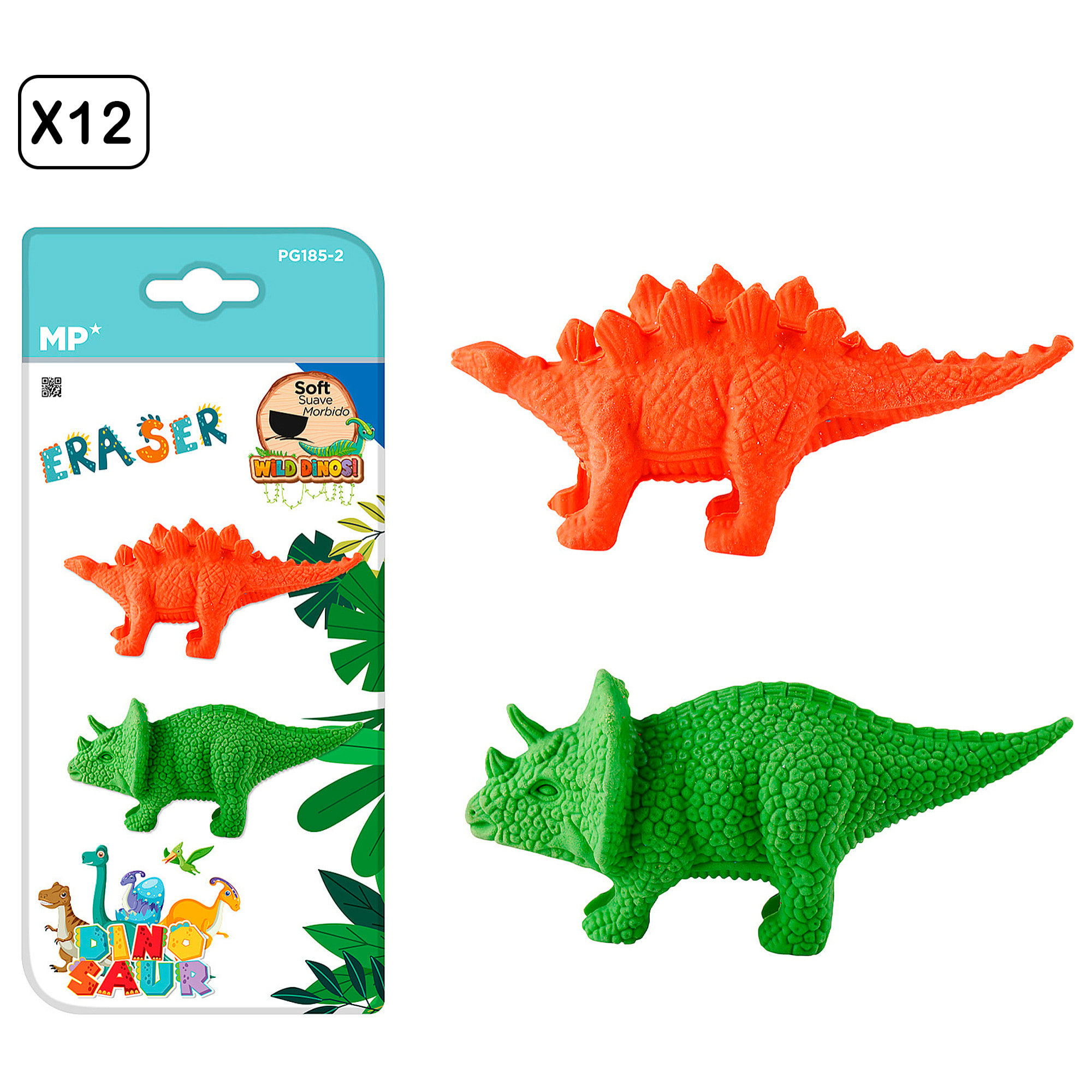 12 PACKS DE BORRADOR DE COLOR DINOSAURIO 2 Uds. ESTEGOSAURIO Y TRICERATOPS.
