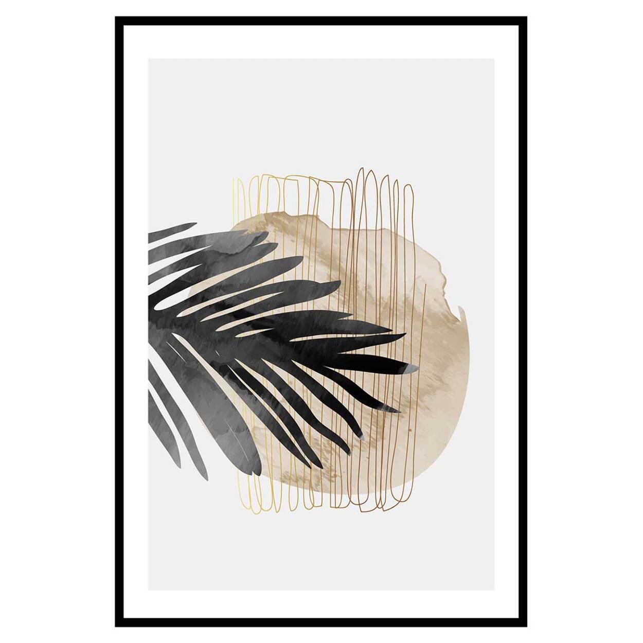 Affiche encadrée feuille abstraite tons neutres Affiche + cadre en métal - Noir