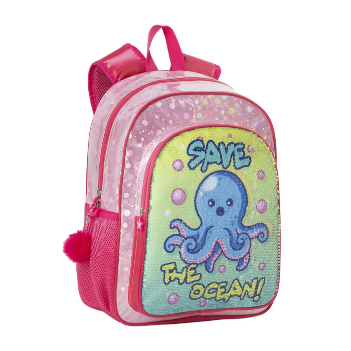 Mochila primaria Pulpito Save The Ocean. Adaptable a carro, con lentejuelas reversibles y accesorio pom-pom.