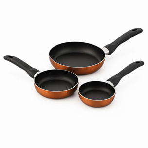 set de batería de cocina de 5pc en acero inoxidable + 3 sartenes ø16ø20ø24cm bronce metalizado en aluminio prensado
