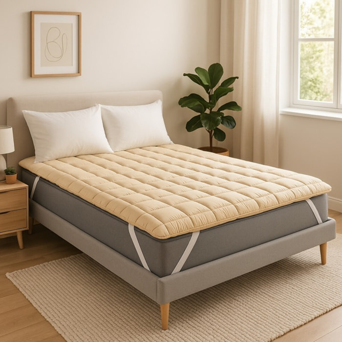Surmatelas Connemara | Laine Mérinos 100% biologique | Soulage du mal de dos | Matelassé pour plus de confort | thermorégulation