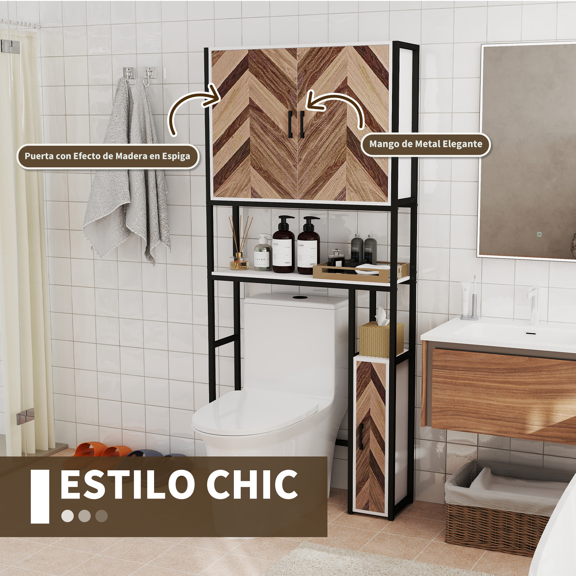 Mueble sobre Inodoro Armario sobre Inodoro con 3 Puertas 2 Estantes Ajustables y Compartimento Abierto Mueble de Baño 79,5x23x178 cm Multicolor