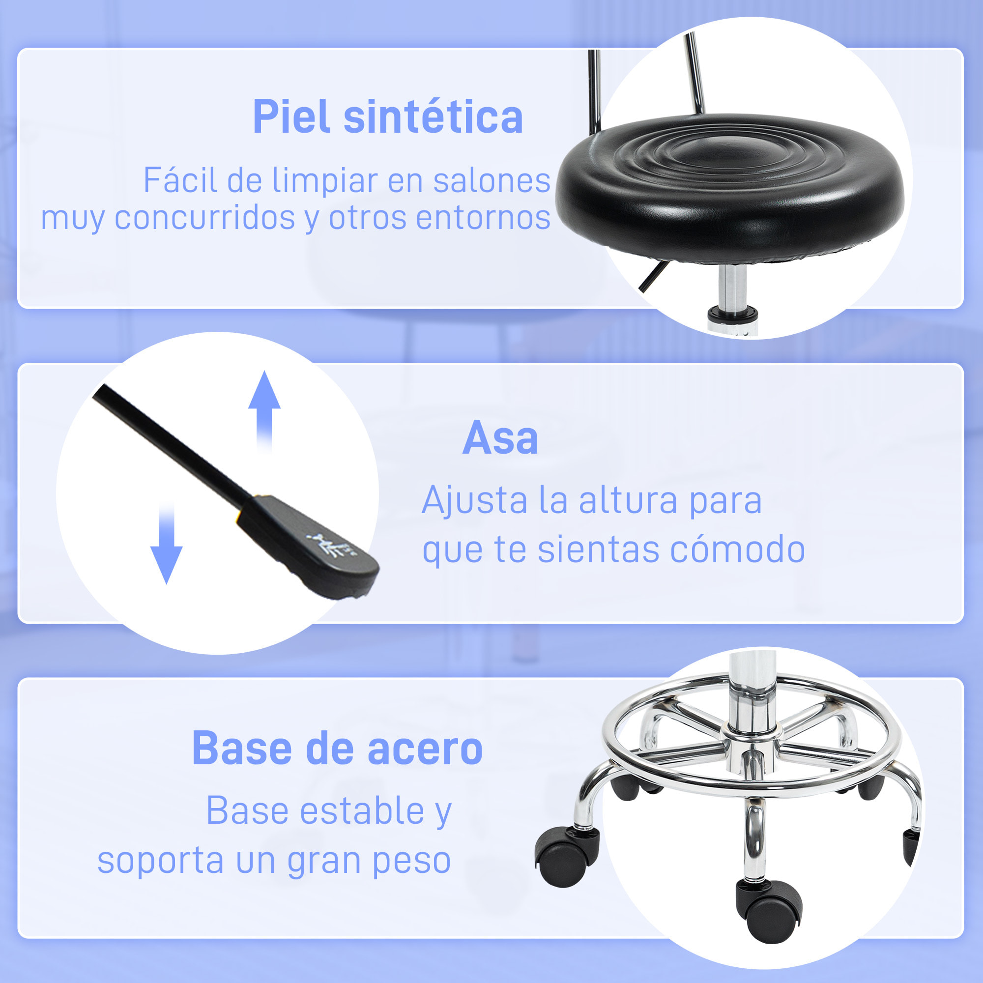 Taburete Giratorio Taburete con Ruedas y Respaldo Taburete de Trabajo con Altura Regulable 70-86 cm Asiento Tapizado de Cuero Sintético Negro