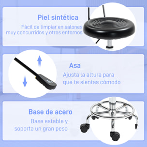 Taburete Giratorio Taburete con Ruedas y Respaldo Taburete de Trabajo con Altura Regulable 70-86 cm Asiento Tapizado de Cuero Sintético Negro
