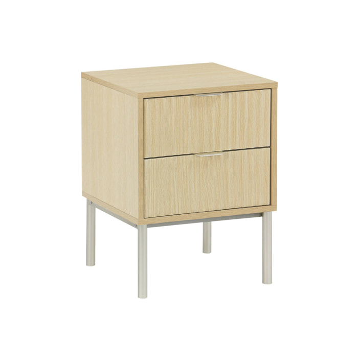 Table de chevet effet bois rainuré et métal. pieds métal champagne. 2 tiroirs