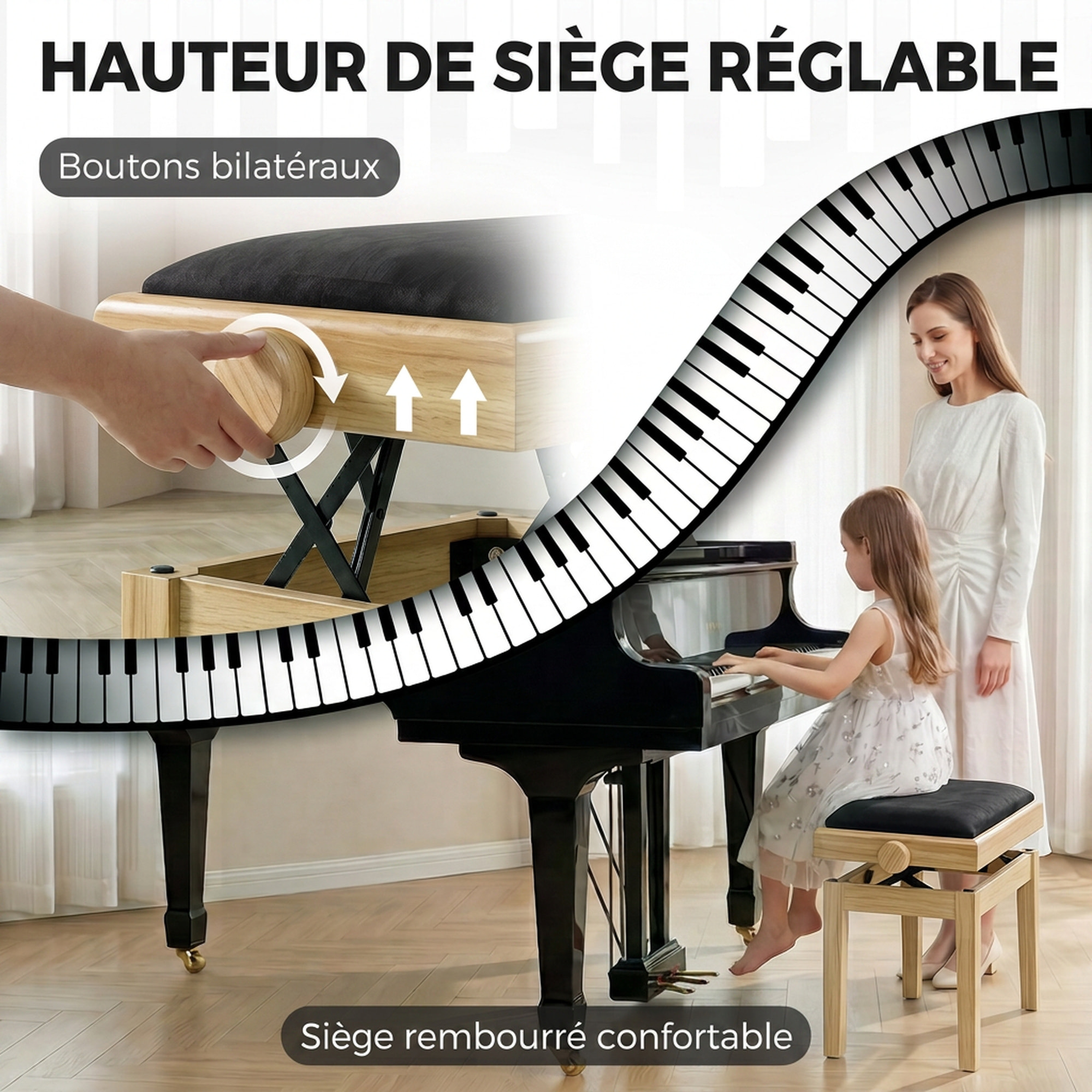 Banc de Piano, Tabouret Réglable en Hauteur 45-56 cm, assise Rembourrée en Velours, Bois Naturel
