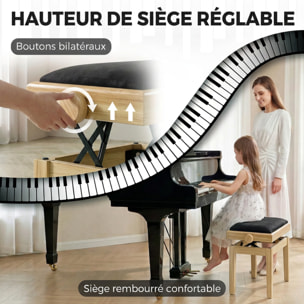 Banc de Piano, Tabouret Réglable en Hauteur 45-56 cm, assise Rembourrée en Velours, Bois Naturel