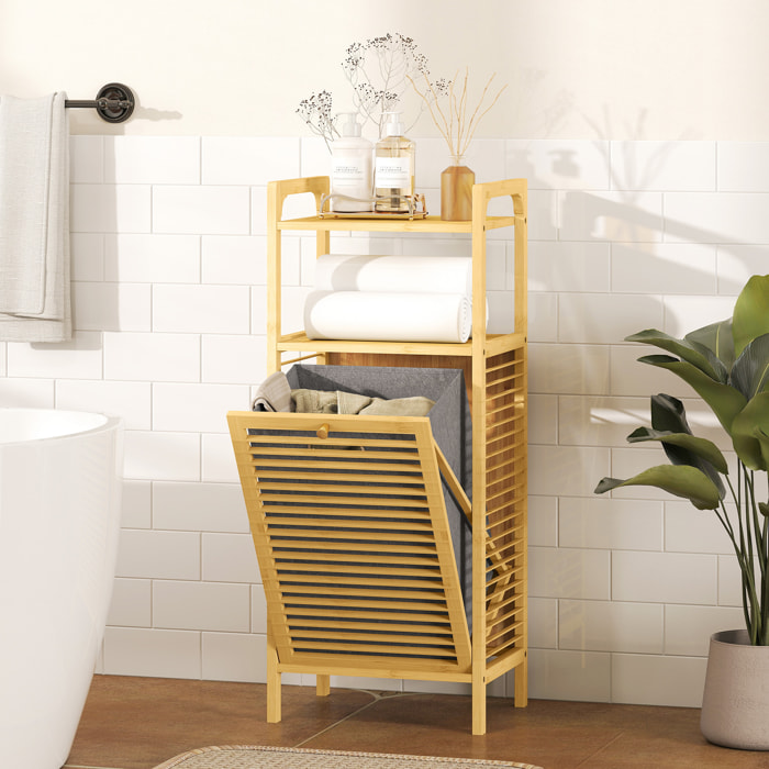 Meuble de rangement à linge en bambou, meuble de salle de bain avec étagère, panier à linge basculant, porte à lattes et sac de rangement amovible, 40 x 30 x 95 cm, effet bois naturel