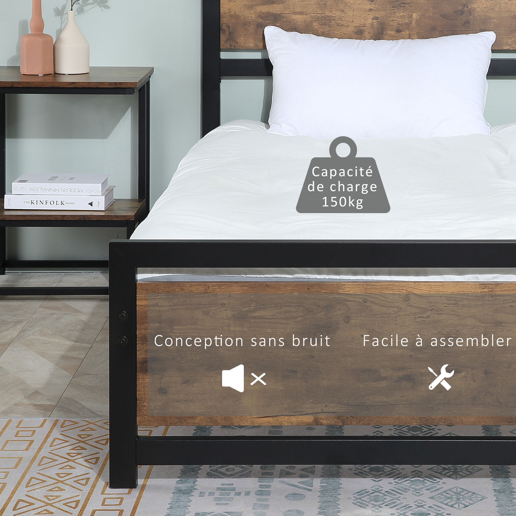 Lit simple design industriel - tête de lit, pied de lit et sommier - dim. 195L x 97l x 103H cm - compatible matelas 190L x 90l cm - acier noir MDF aspect bois avec veinage