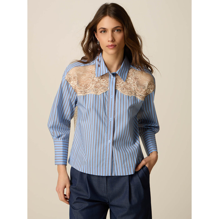 Oltre - Camicia a righe con inserti in pizzo - Azzurro