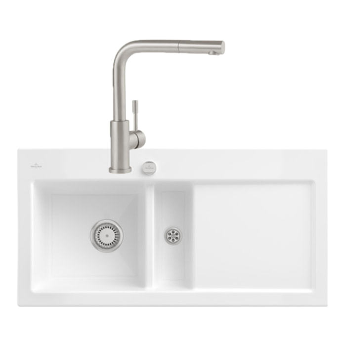Evier Subway Pure 60 1 bac et demi égouttoir à droite vidage auto + Robinet Steel Shower Acier Massif